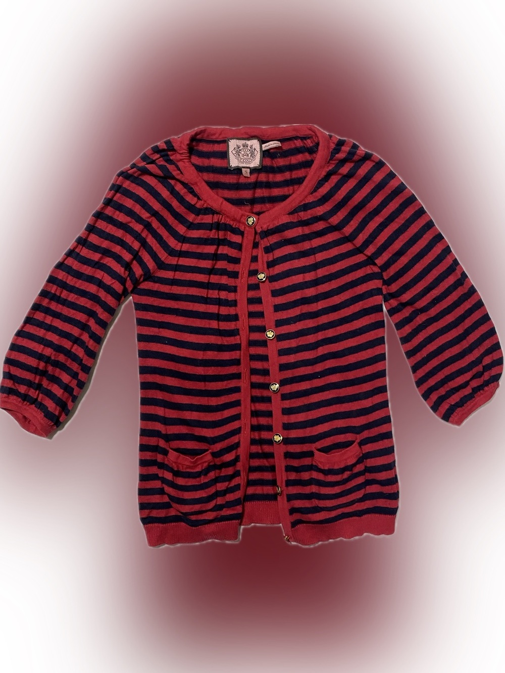 Juicy Couture Red and Black Striped Crewneck Cardigan